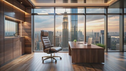 Contemporary Asian-inspired office interior with minimalist decor, dark wood accents, and subtle natural light illuminating a sleek glass desk.
