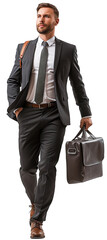 A confident businessman in a dark suit and tie, walking with a leather briefcase and shoulder bag. Ideal for themes related to business, corporate success, and professional journeys