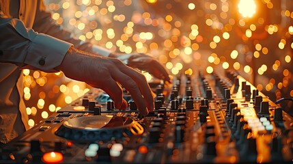 A DJ adjusting knobs on a mixer, surrounded by blurred party lights