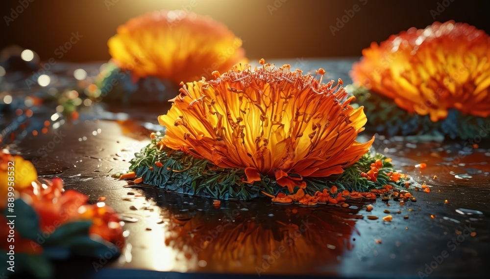 Wall mural abstract orange flowers on a dark reflective surface.