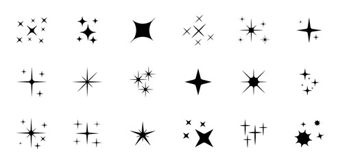Shine or sparkle vector set of eighteen various stars in black color on white background. Sparkle star icons. Shine icon. Stars sparkle doodles vector.