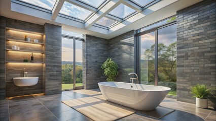 Fototapeta premium Luxurious modern bathroom features sleek glass tile shower, slate walls, acrylic tub, and abundance of natural light from skylight windows.
