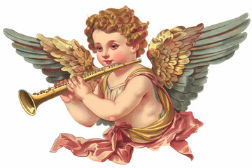 Obraz premium Cherubic angel playing golden flute