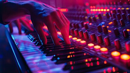 Close-up of hands adjusting knobs on a synthesizer, with LED screens glowing