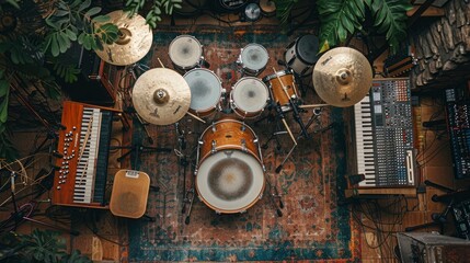 Acoustic drum set, captured from above, showcasing various percussion instruments
