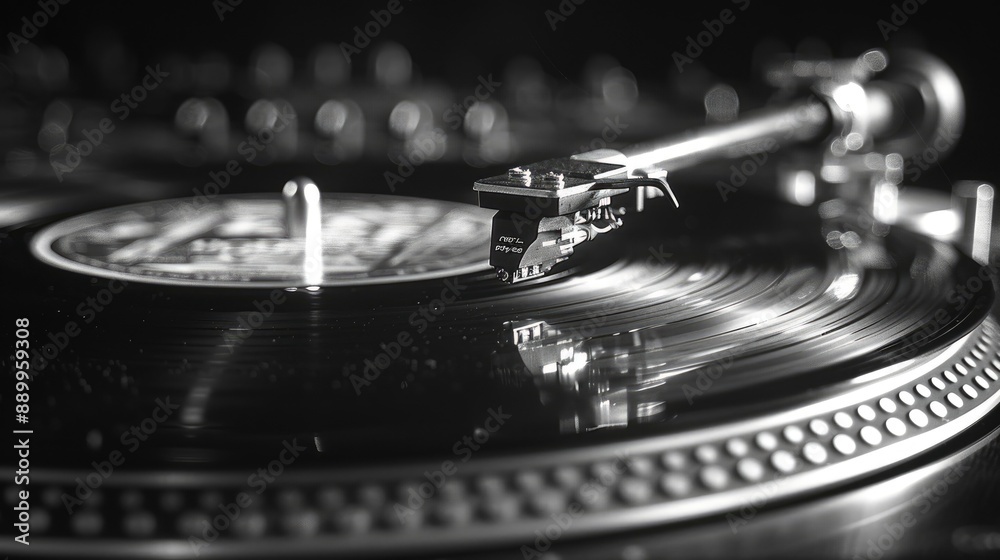 Wall mural vinyl record spinning on a turntable, with needle poised to drop onto the groove