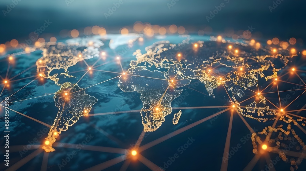 Poster global business network with interconnected nodes and data streams on a world map