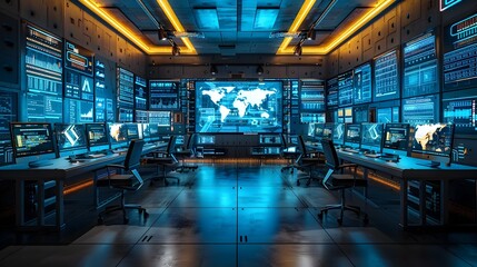 Sleek Control Room with Real Time Network Monitoring and Digital Communication Management for Efficient Business