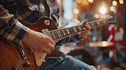 Fototapeta premium Guitarist adjusting tuning pegs, preparing for a recording session