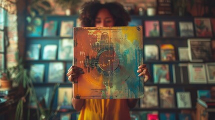 Fototapeta premium Hands holding a record album cover, showcasing vibrant artwork and song titles