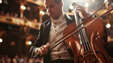 Fototapeta premium Cellist performing in a concert hall, bow gliding smoothly across strings