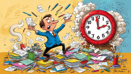  Cartoon Man Overwhelmed by Paperwork and a Large Clock