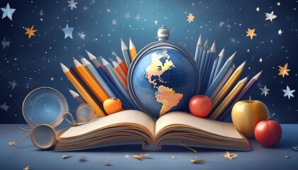 wand and globe, A playful and colorful education-themed background with various school-related items