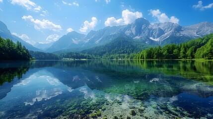 Fototapeta premium Majestic Mountain Landscape Reflected in Serene Alpine Lake