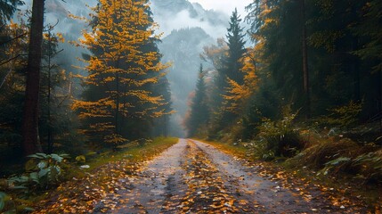 Serene Autumn Mountain Path Through Lush Forest Landscape