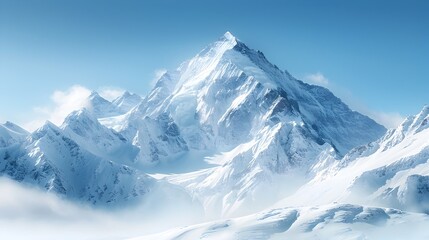 Majestic Snow Capped Mountain Peak Under Clear Blue Skies with Sunlight