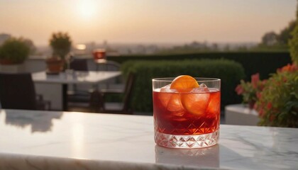 A sophisticated negroni on a marble counter at a high-end restaurant terrace, with the setting sun casting a warm glow over the garden.
