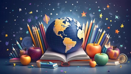 Education background, a magic book with a magic wand and globe, A playful and colorful education-themed background with various school-related items