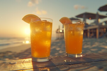Refreshing orange drinks at sunset by the ocean in a vibrant sunny photograph