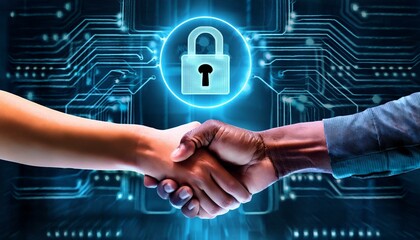 Two hands shaking, one digital and one human, with a padlock symbol on a technological representing cybersecurity and digital partnerships.