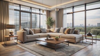 Fototapeta premium Stylish minimalist living space with sleek lines, marble accents, and industrial-chic lighting, surrounded by lush greenery and natural textiles.
