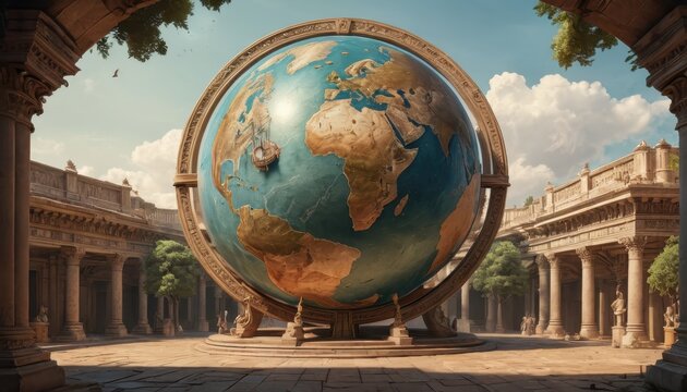 Ancient Globe in a Courtyard.