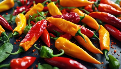 Red and Yellow Chili Peppers on Black Background.