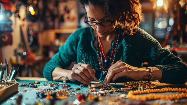 A woman creating handmade jewelry, carefully assembling beads and charms at a crafting table