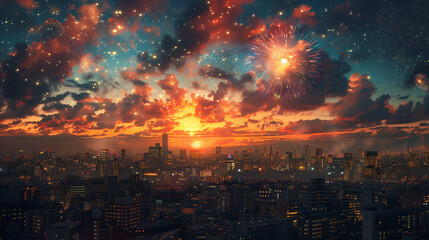 Fototapeta premium Festive Sky: Starburst Fireworks Over City, Radiating Multicolored Lights Above
