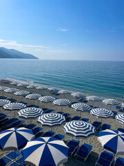 View of the beautiful patterned umbrellas in Monterosso, Italy, representing the luxurious...