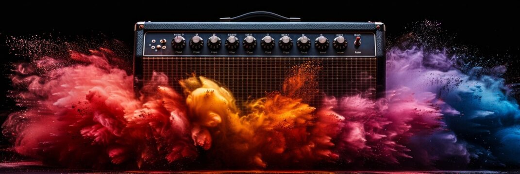 A guitar amplifier with colorful powder clouds exploding around it, highlighting the powerful sound and the dynamic energy of the scene. AI Generative.