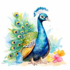 Obraz premium Watercolor Peacock with Flowers and Blue Bottle.