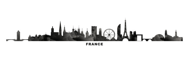 Fototapeta premium France country skyline, cities panorama. Vector banner or long logo with abstract texture. Paris, Lyon, Marseille, Toulouse, Strasbourg silhouette, isolated graphic