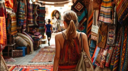 Obraz premium A traveler exploring a vibrant market in Morocco, with colorful textiles, spices, and bustling activity