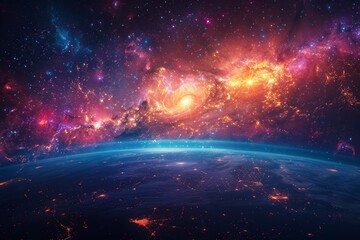 A panoramic view of a galaxy with a colorful nebula and stars in the background. AI Generative.