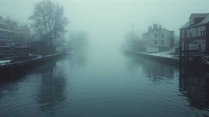 Fototapeta premium Harbor Mist: Fog at City Docks, Dense Grey Vapor Envelopes the Quiet Waters