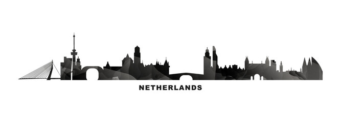 Netherlands, Holland country skyline, cities panorama. Vector banner or long logo with abstract texture.   Amsterdam, Rotterdam, The Hague, Utrecht silhouette, isolated graphic