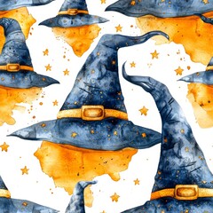 Watercolor witches' hats seamless repeating pattern, minimal pattern, high contrasty 