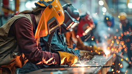 Portrait industrial worker craft labour factory welding steel structure with spark.Generative AI