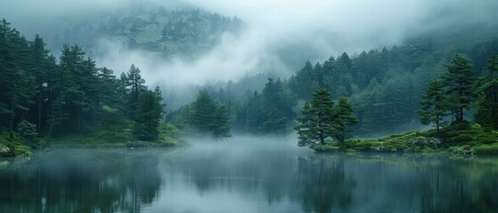 Misty Mountain Lake in a Verdant Forest