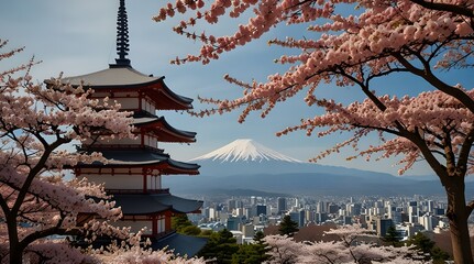 Cherry blossoms in spring Chureito pagoda and Fuji mountain in japan.generative.ai
