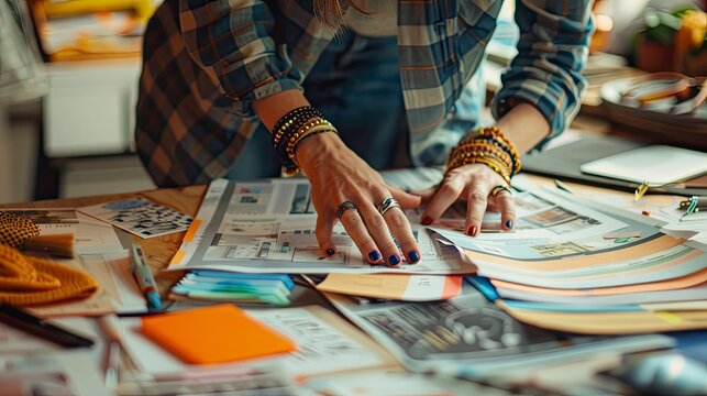 Close-up of a fashion editor's hands arranging layout designs for a fashion magazine spread
