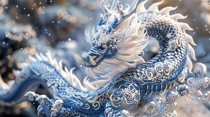 Fototapeta premium Blue and White Dragon Embroidery Design with Realistic Hyper-Detail in Light Beige and Gold . Generative AI