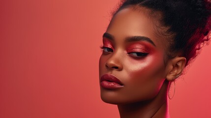 Beautiful woman on red background. Studio light for cosmetic beauty commercial advertisement. 
