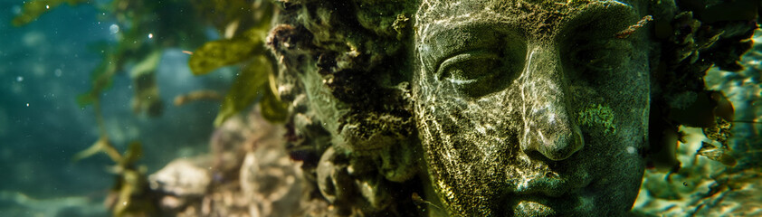 Ancient Underwater Statue Covered in Algae in a Mysterious Submerged World