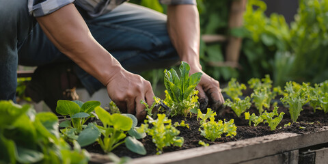 Fototapeta premium Gardener Planting Vegetables in Raised Garden Bed in Organic Urban Farm