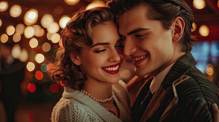 Portrait of a stylish couple in vintage attire, dancing joyfully at a retro-themed dance party