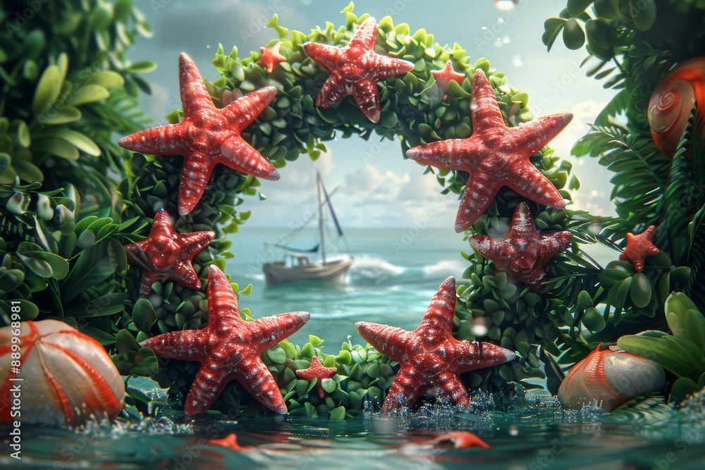 Sticker Red starfish wreath with boat in background in a vibrant whimsical photograph