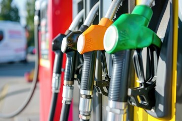 A close-up view of several gas nozzles, each with a different colored handle, ready to be used at a gas station