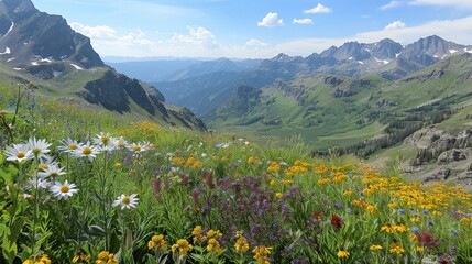 Fototapeta premium A scenic mountain range with rugged peaks and a valley below, covered in wildflowers and greenery
